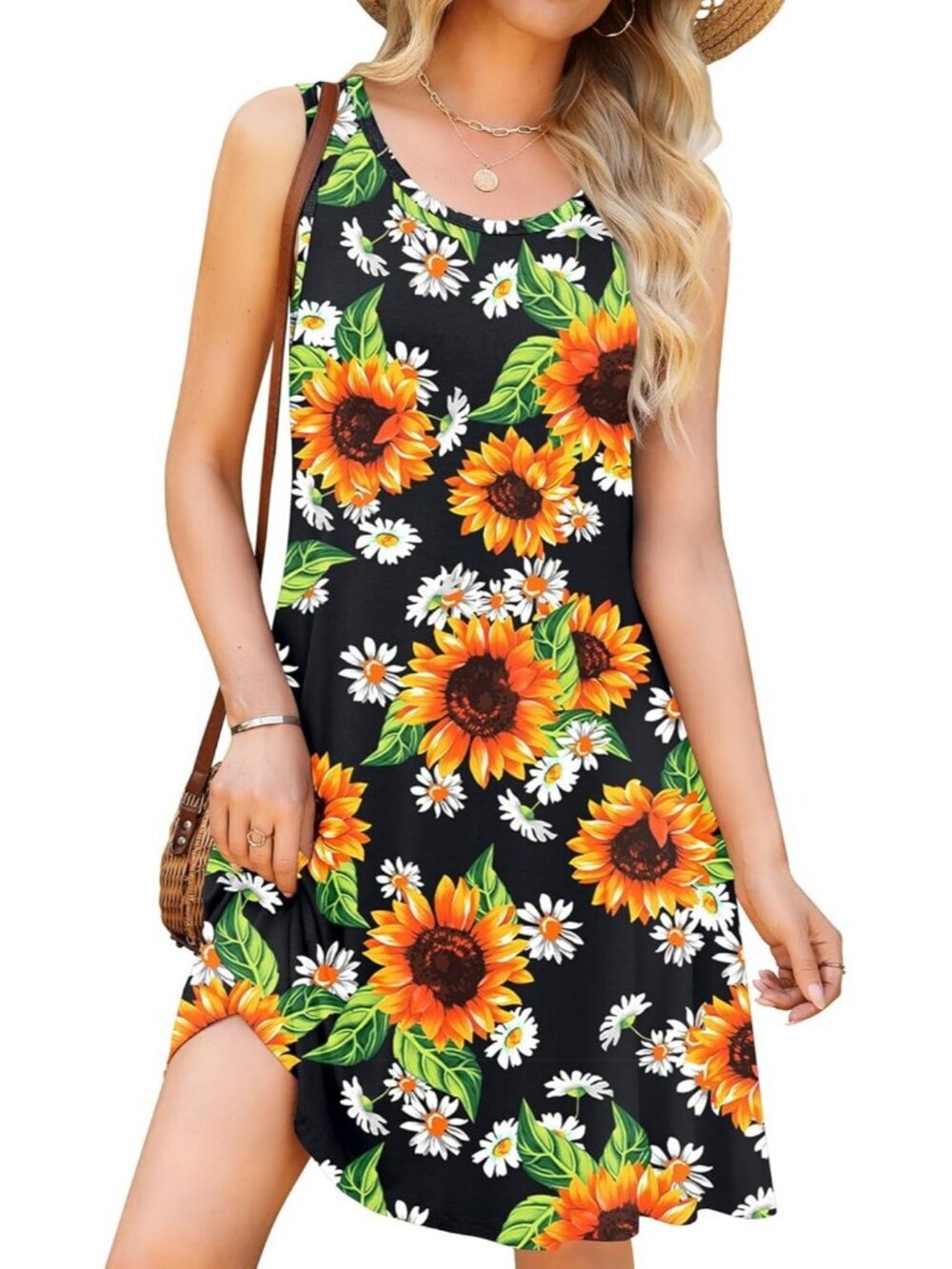 Women's Sunflower Stylish Casual Swing Shirt Dress Beach Cover Loose Mini Dress